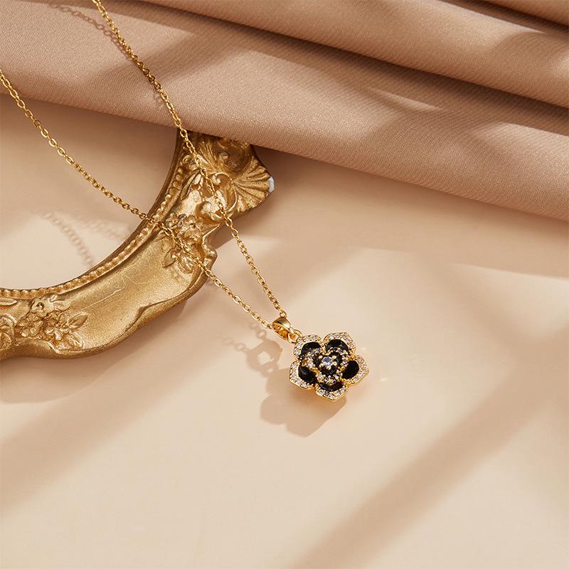Full Diamond Camellia Necklace Women'S Light Luxury Design Simple Micro-Inlaid Pendant Jewelry