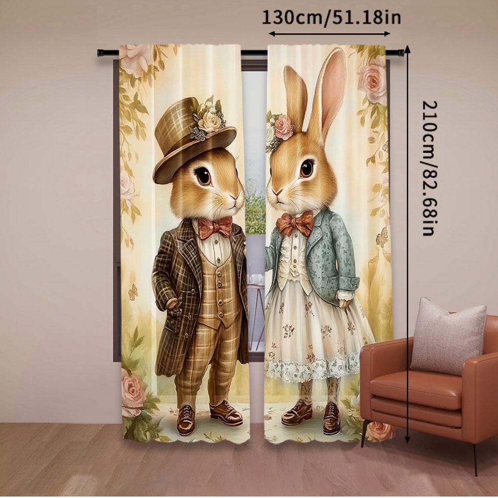 2Pcs Easter Rural Rabbit Couple Printed Curtains Living Room Game Room Bedroom Multi Scene Decorative Curtains Home Decoration