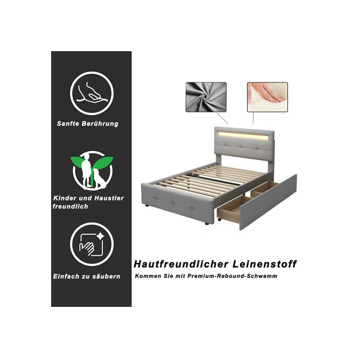 Gepolstertes Bett - MUVOE - 90x200 cm - LED-Beleuchtung - 2 Schubladen - Sanftes Grau