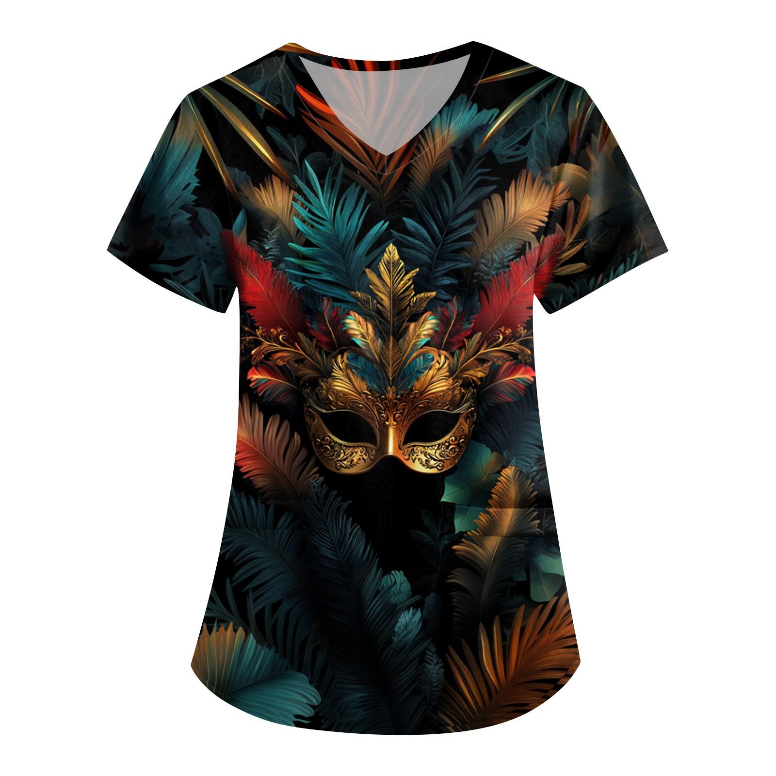 Women s V Neck Fashion Casual Carnival Printed Tops Dry- Top L