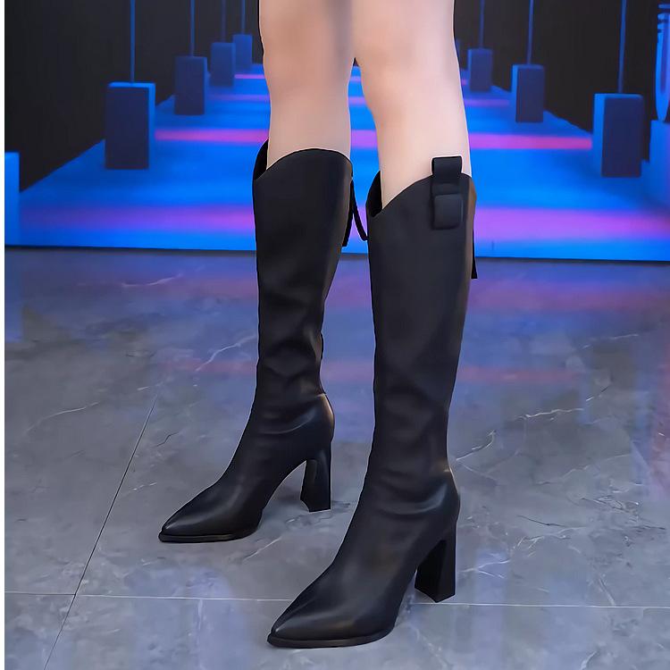 Markenschuhe braun aber kniehohe Stiefel mit Absatz Damen 2025 Herbst und Winter spitz zulaufender dicker Absatz Reißverschluss hinten Mode lange Schaftstiefel