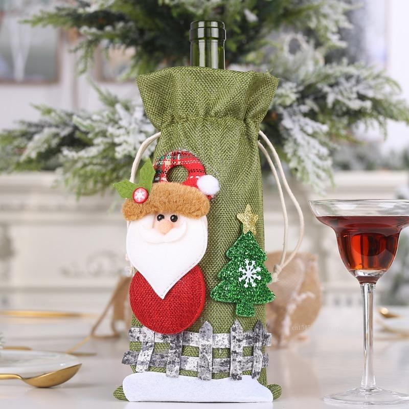 Christmas Wine Bottle Covers Linen Snow Cartoon Drawstring Wine Bottle Cover Xmas Party Home Desktop Decor New Year Gifts