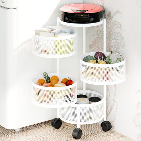 Rotating Storage Rack Fruit Basket for Kitchen 3/4/5 Tier Circular Rotating Basket Fruit and Vegetable Metal Wire Shelf with Top Lid (White)