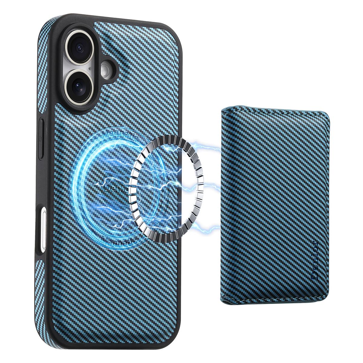

DENIOR For iPhone 16 Magnetic Case Carbon Fiber Texture Leather Back Cover with Detachable Card Bag B