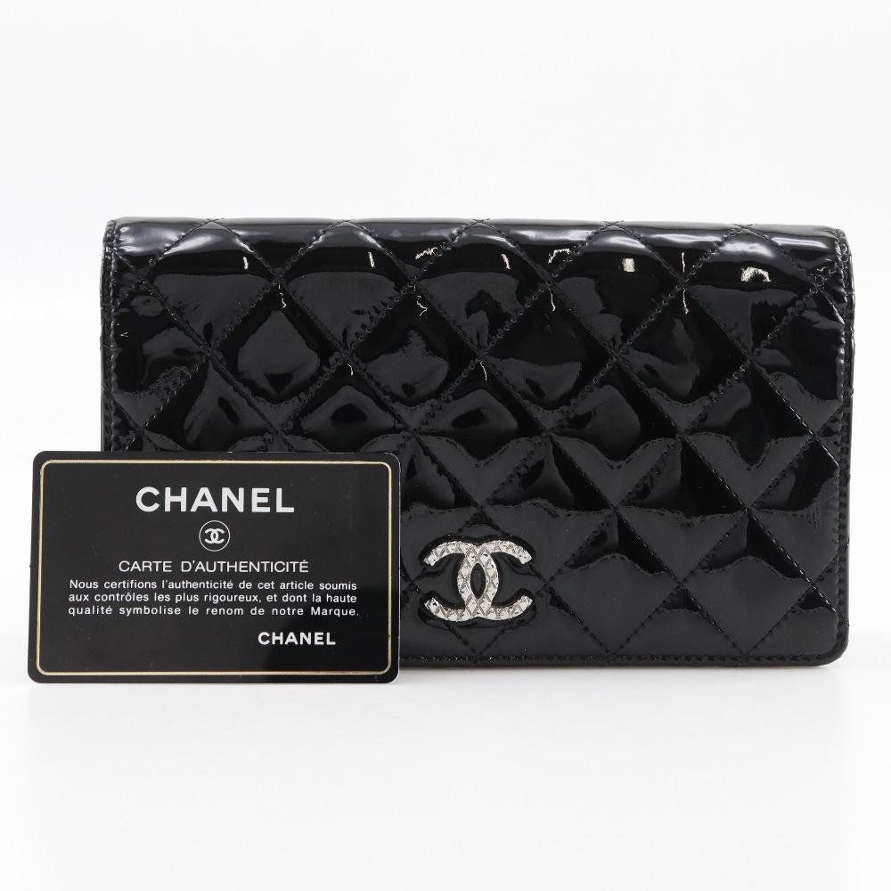 Chanel Matelasse Brilliant Purse A48691 Two-fold Long Wallet Black Enamel Women Used