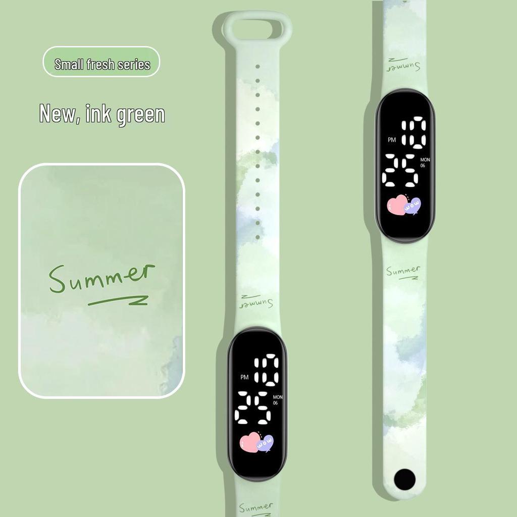 Girls' LED Cartoon Ink Waterproof Sports Watch with Luminous Bracelet Design