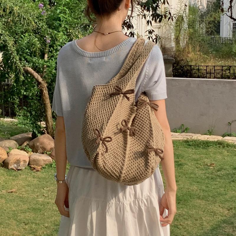 Retro Polyester Knit Tote Bag for Women Bow Woven Shoulder Handbag KTB