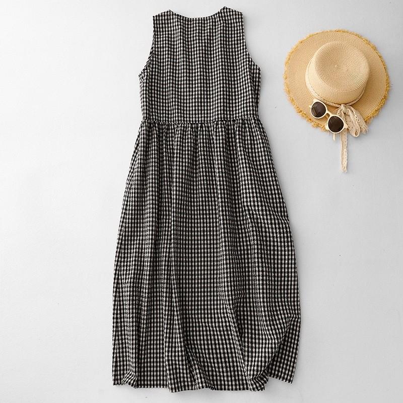 2025 Summer New Black and White Plaid Sleeveless Round Neck Cotton and Linen Dress Women's Loose and Thin Medium and Long Vest Skirt