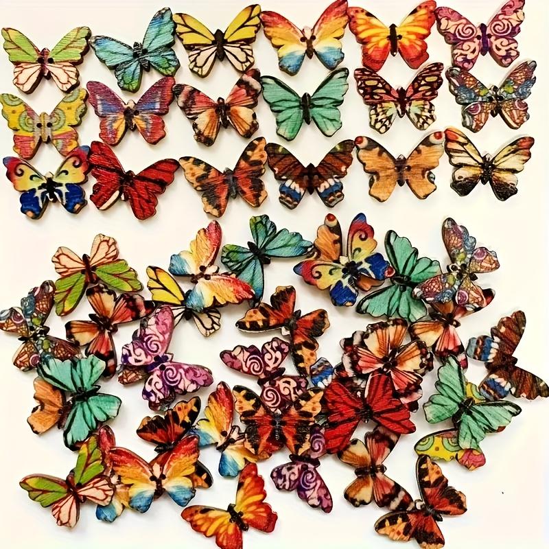 50Pcs Assorted Wooden Butterfly Buttons, For DIY Sewing And Scrapbooking Decors Mixed Patterns Cute Cartoon Style Accessories