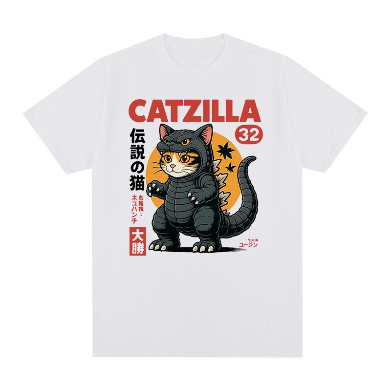 Catzilla Monster Vintage Tshirt Japanese Cat Soft Graphic Homme Casual Cotton Unisex Unisex T Shirt Summer New Fashion Streetwear