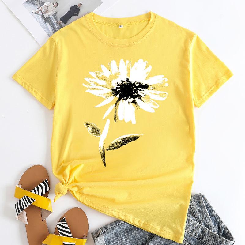 Summer Round Neck Floral Print Top Fashionable Casual Short Sleeved Women's Pure Cotton T-shirt