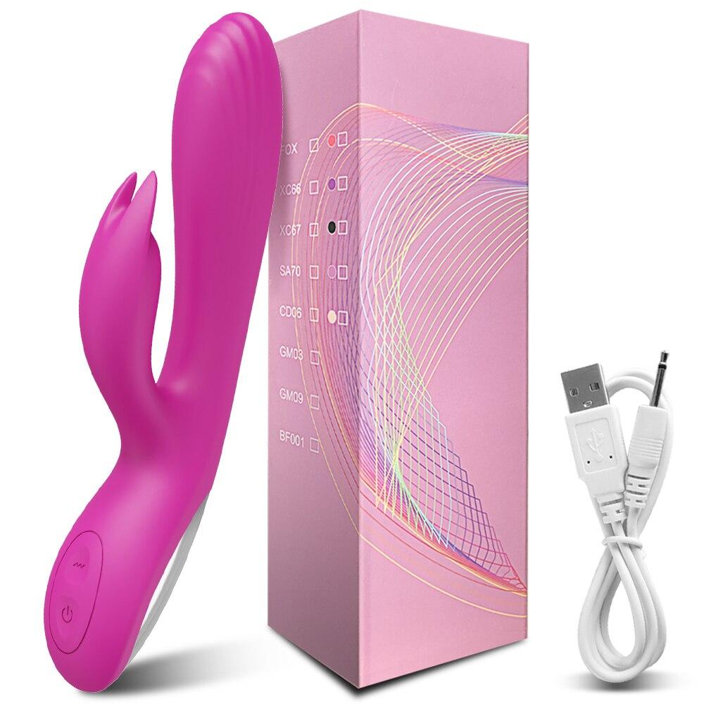 Kraftig G Spot Rabbit Vibrator Klitoris Nippel Dual Stimulator Massasjeapparat 2 i 1 Dildo Sexleketøy Handle Voksenvarer for kvinner