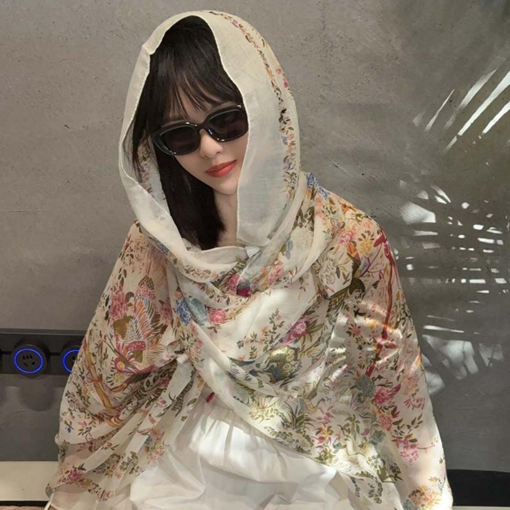 Tie-dye Women Floral Scarf Frog Button Sunscreen Headscarf Thin Large Shawl  Girls