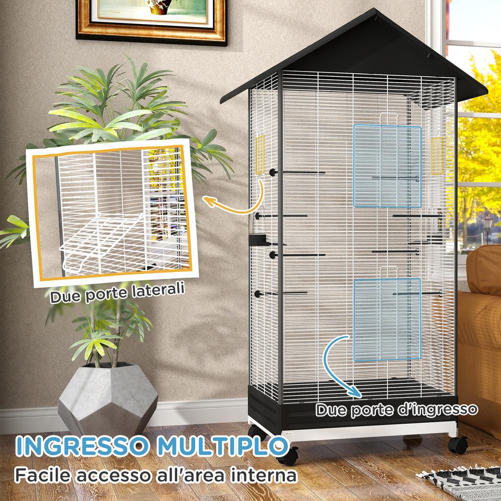 Bird Cage with Wheels and Removable Tray, 155cm High Aviary with Perches and Feeders, Black