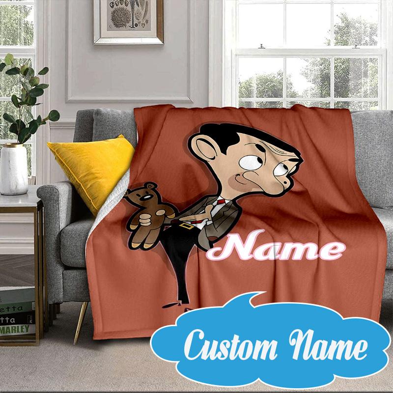 Custom Name Mr. Bean's Sunny Day Blanket Bed Sofa Blanket Flannel Blanket for Camping, Hiking, Picnic Essentials,gift for Fan Family