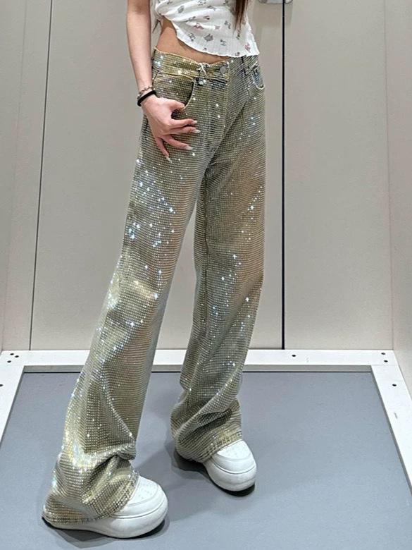 Women's Spring & Autumn Spicy Diamond Star Jeans - Unique Straight-Leg Design