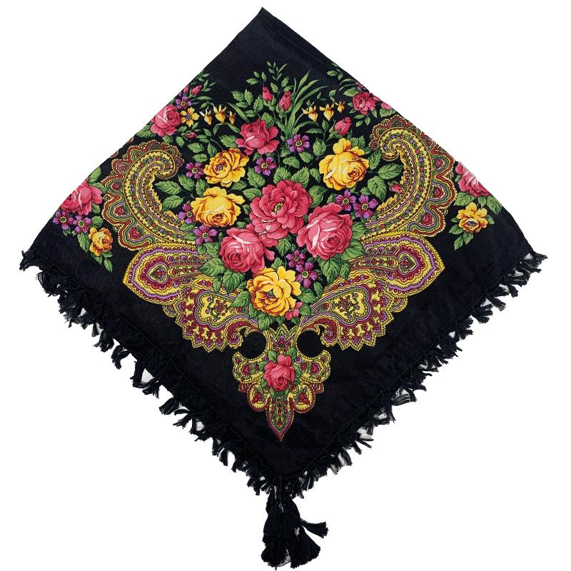 90*90cm Short Tassel Floral Print Russian Square Scarf Women Luxury Flower Printed Bandana Shawl Ukrainian Babushka Head Wraps