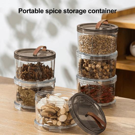 Uzavřená nádoba na koření Vzduchotěsný organizér na skladování koření Kulatá stohovatelná čirá láhev na koření s držadlem na kuchyňskou linku spíž