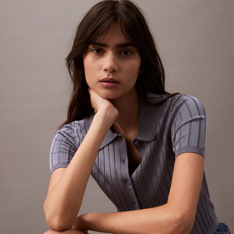 Calvin Klein Casual Striped Texture Polo Short Sleeve Knit Top Women tops Dark-Blue 47AB304-RLW