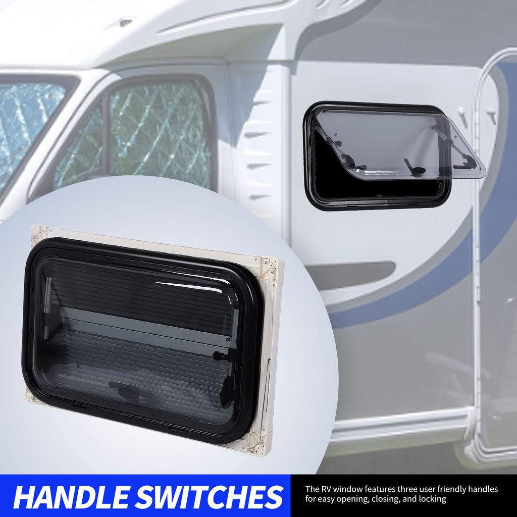 Okno do kampera z wypychaniem, zaokrąglony narożnik, odporne na UV, dwuwarstwowe, izolowane, pręt ze stopu aluminium z siatką, osłona przeciwsłoneczna