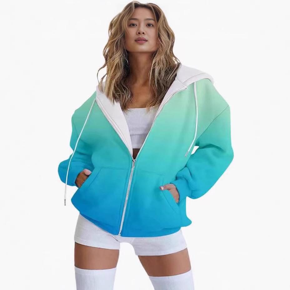 Gradient 3D Print Casual Long Sleeve Zip-Up Hoodie for Women