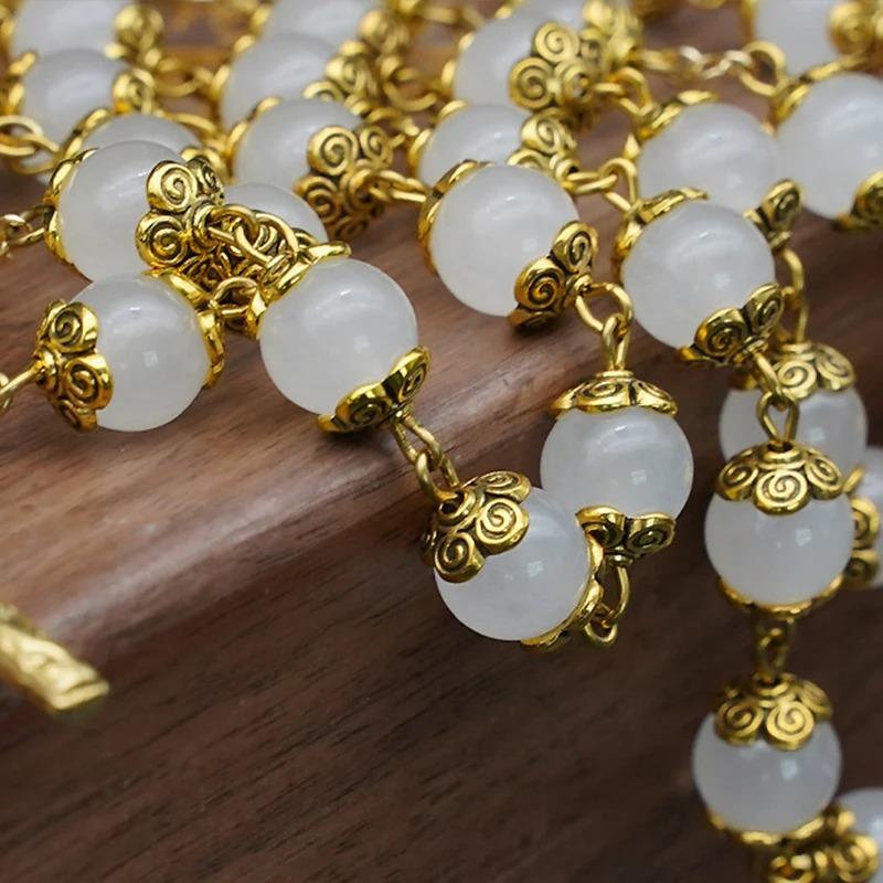 Natural White Jade Marrow Rose Rosary Beads Bracelet Cross Pendant Catholic Jewelry Commemorative Day Festival Exquisite Gift