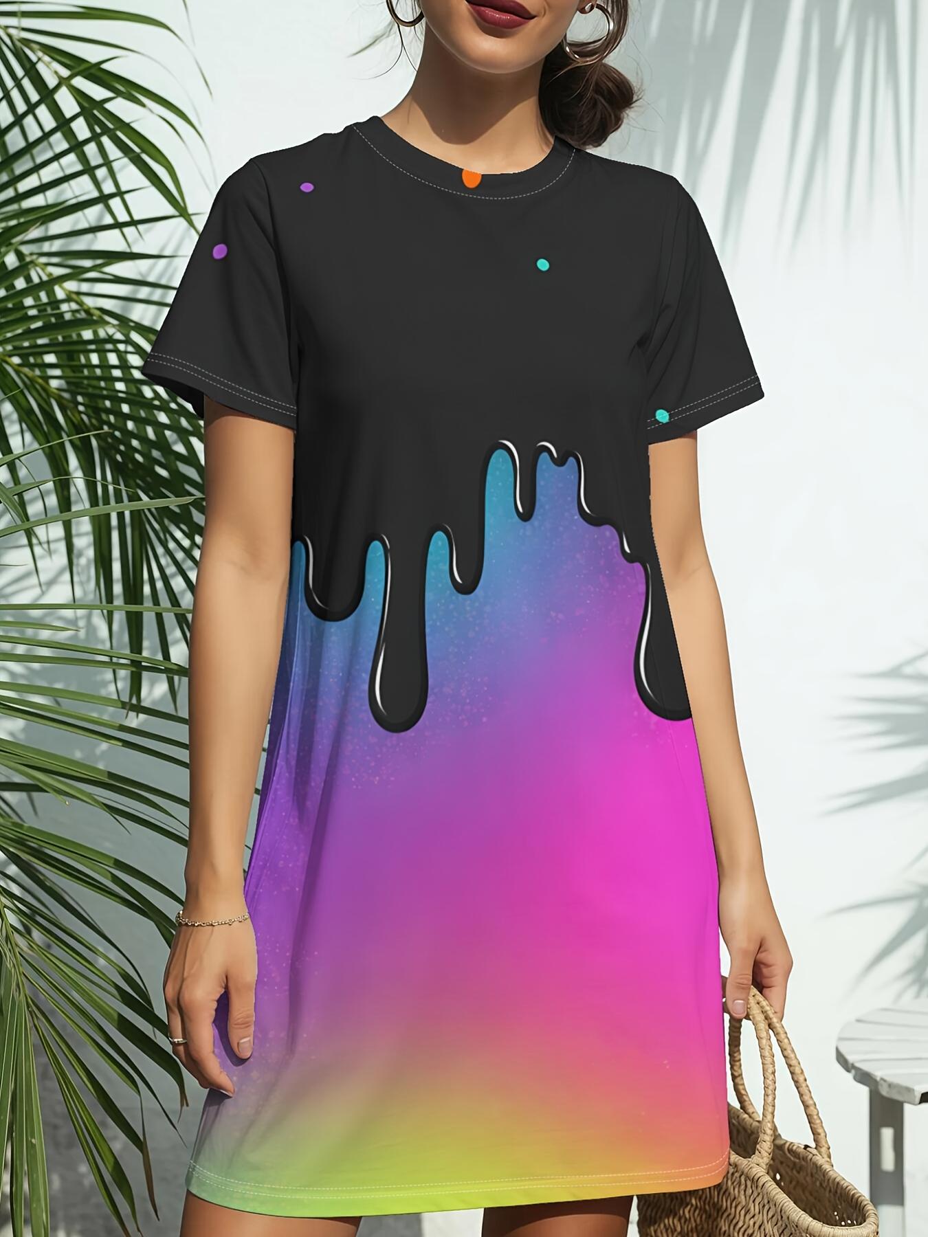 

Rainbow Drip Fun PrintNew Women s Round Neck Short Sleeve T-Shirt Dress. American Style Trend Digital Printing. Casual and Versatile for Spring and Su 9XL дубильная кора