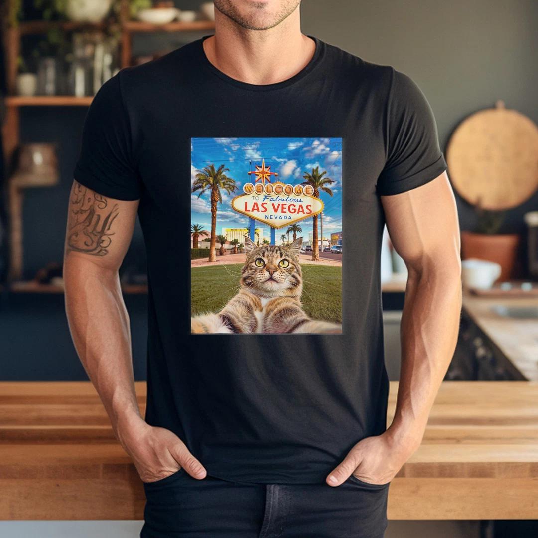 Funny Cat Selfie Las Vegas Tee – Cute Tourist Cat Men Women Kids T-Shirt 3XL