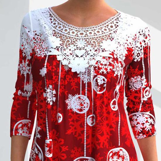O-Neck Long Sleeves Lace Stitching Christmas Top Women Snowflake Theme 3D Printed Blouse Streetwear