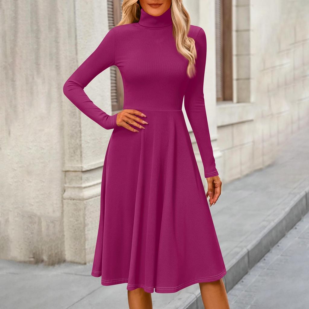 Vestido Midi Casual de Moda Feminina com Gola Alta e Mangas Longas em Cor