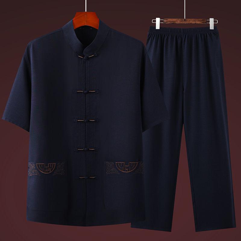 Men's Summer Chinese Style Short-Sleeve Tang Suit Set - Cotton & Linen Casual Tai Chi Outfit for Middle-Aged & Elderly