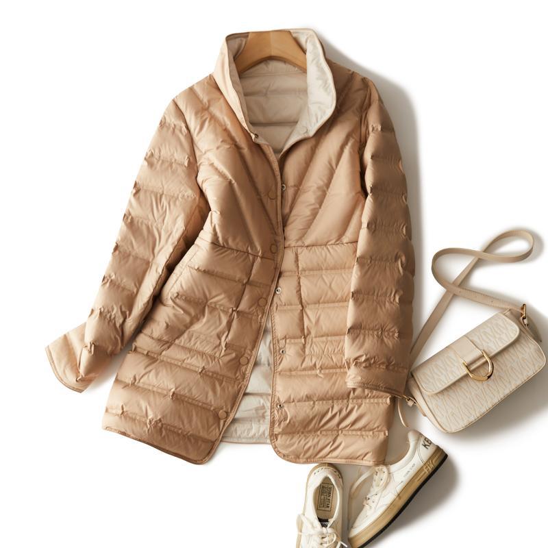 Autumn and winter glue loose and thin medium and long stand-up collar double-sided wear white duck down jacket warm winter clothing
