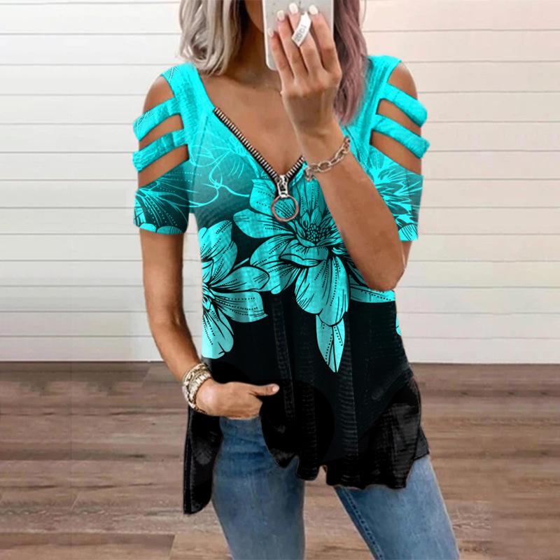 2023 European & American Women's V-Neck Zipper Floral Short-Sleeve Loose T-Shirt