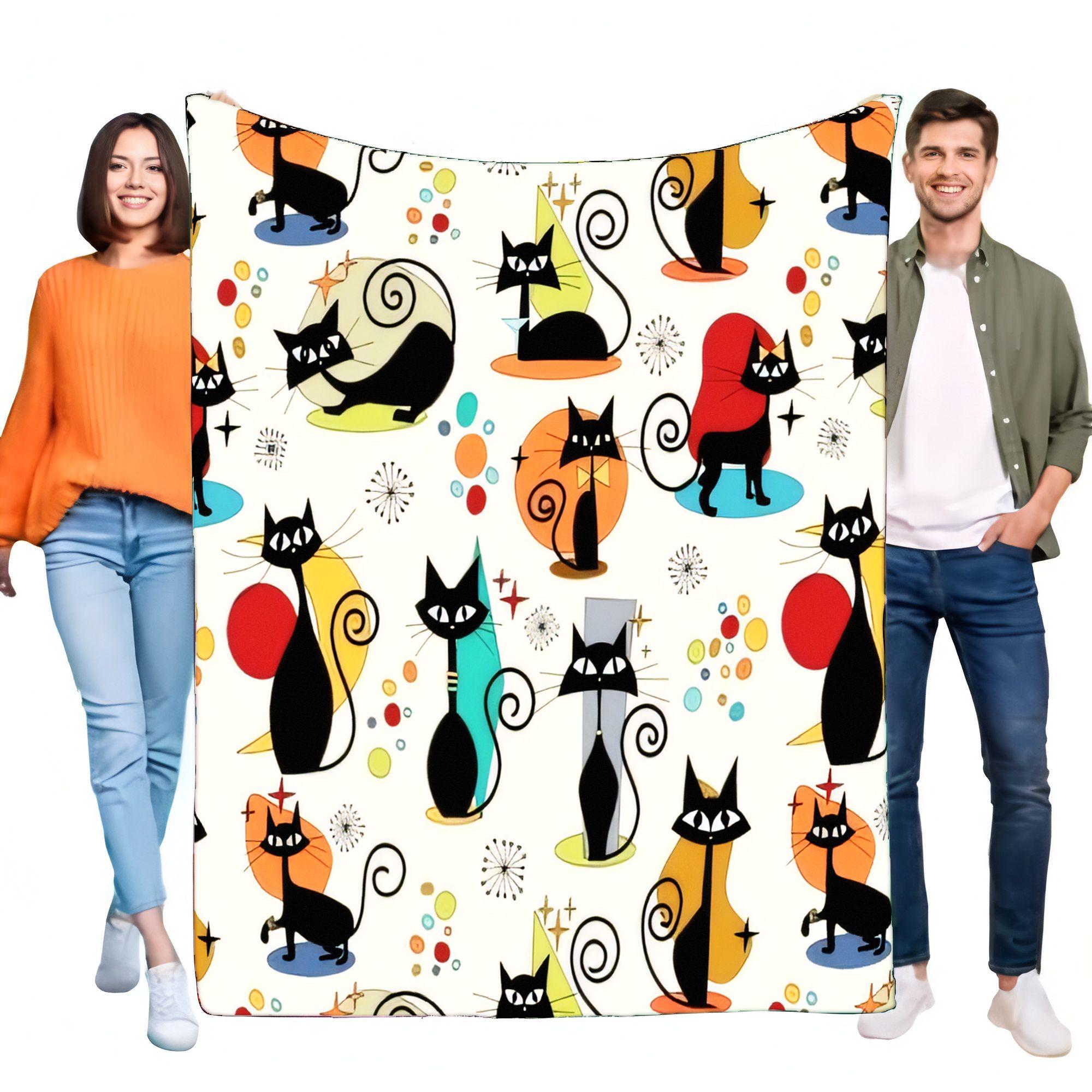 

Abstract Mid-Century Modern Black Cat Blanket Soft Cozy Flannel Throw for Sofa Bed Living Room Bedroom Decor Gift Cat Lovers 75x90cm