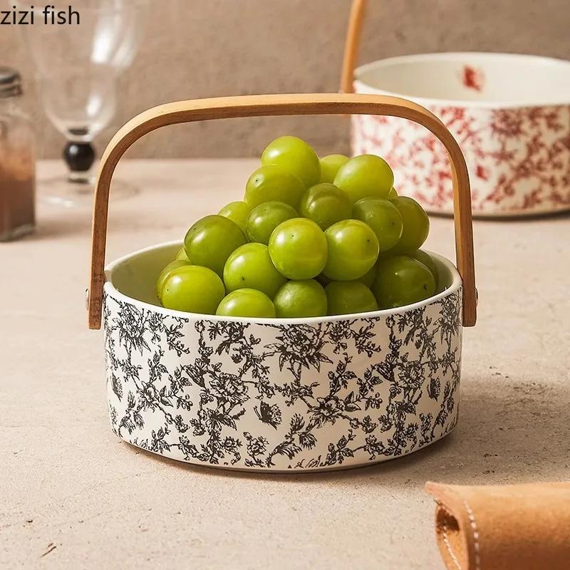 Creative Bamboo and Wood Handle Straight Edge Fruit Plate Retro Dried Fruit Plate Bread Snack Plate Specialty Ceramic Tableware