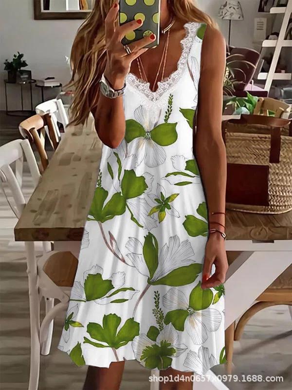 New European and American hot-selling women's clothing fast-selling T strap V-neck lace fashion printed dress