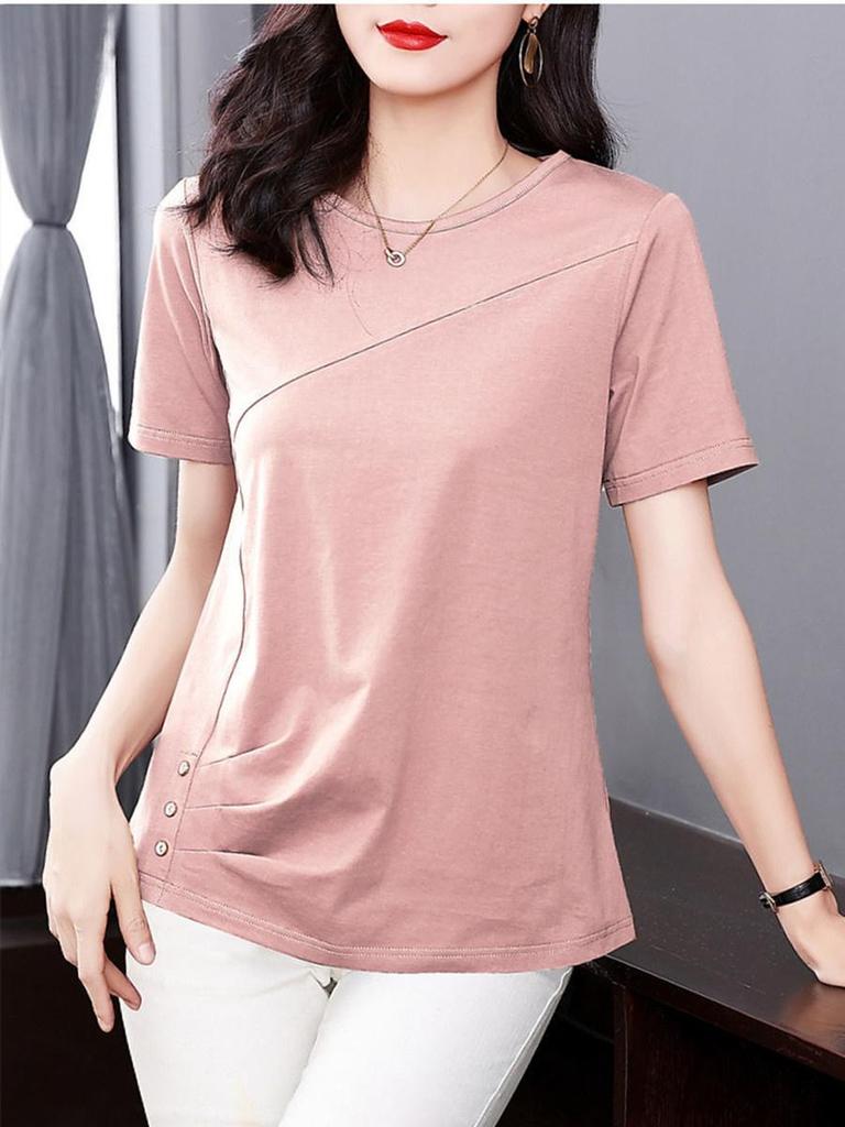 Women Summer Spring Fashion Cotton Blouses Shirts Lady Fashion Casual Short Sleeve O-Neck Solid Color T-shirt Blusas Tops