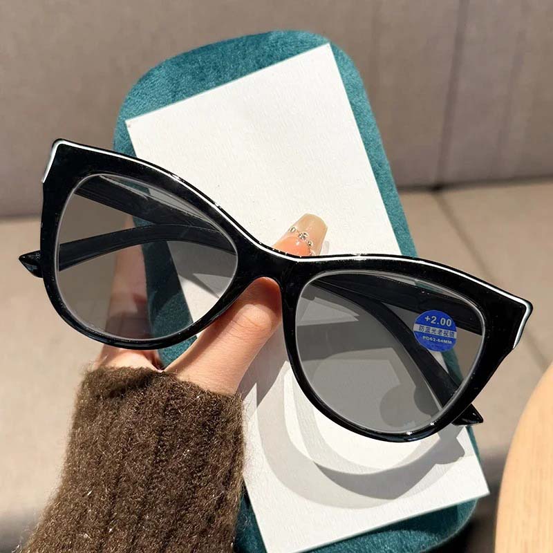 Women's Fashionable and Elegant Cat Eye Presbyopia Sunglasses New Black Gray Lens UV Resistant Glasses Diopter To +4.0