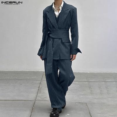 Men Sets Lapel Neck Striped Belt Blazer Tops Trousers Long Pants Casual Suits