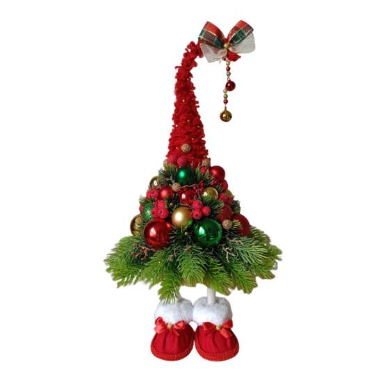16 Inches Christmas Tree Gnome Figurine Handmade Small Dwarf Artificial Tree Table Decor with Ball Ornaments for Tabletop Indoor Home Decor