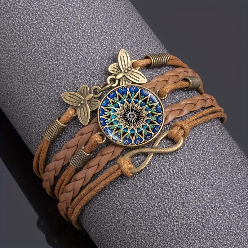 Yoga Mandala Flower Bracelet Female Vintage Handwoven Multilayer Leather Hand Rope Time Gem Butterfly Hand Jewelry