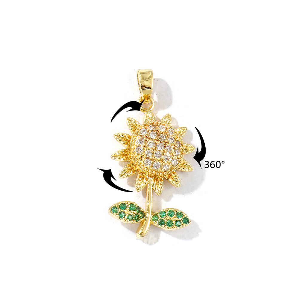 1 Piece Brass & Rhinestone Charms 18K Gold Plated Flower Rotatable Sunflower Daisy Pendants For DIY Necklace Jewelry Making