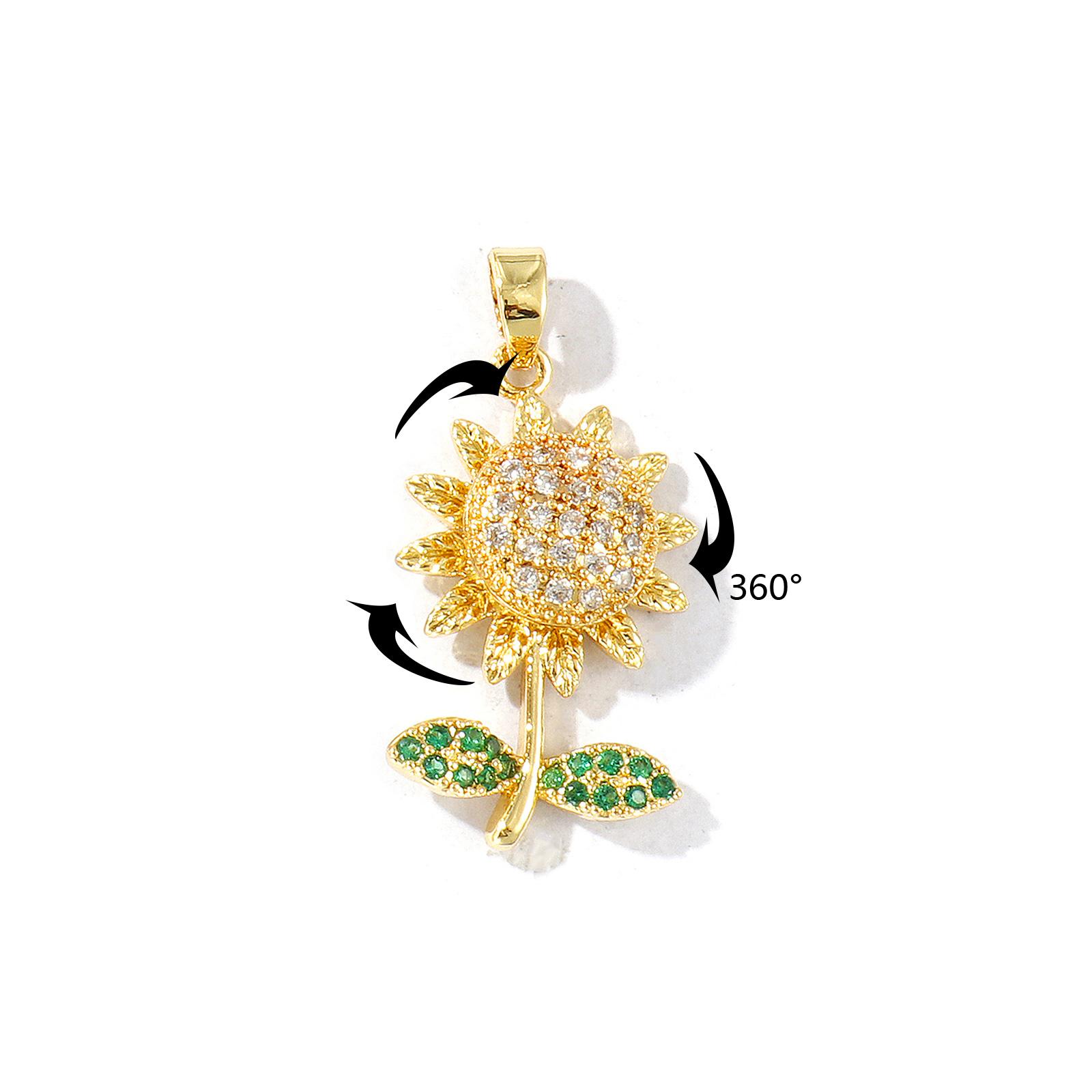 

1 Piece Brass & Rhinestone Charms 18K Gold Plated Flower Rotatable Sunflower Daisy Pendants For DIY Necklace Jewelry Making