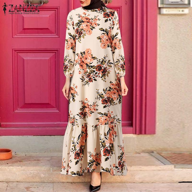 

ZANZEA Женское повседневное свободное длинное платье с длинным рукавом и круглым вырезом с цветочным принтом