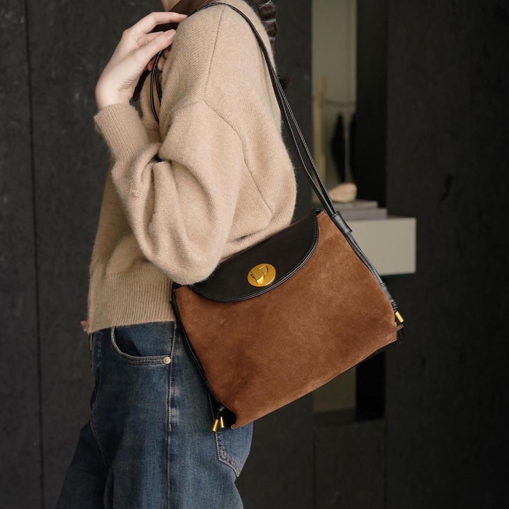 Women's Genuine Leather Suede Patchwork Crossbody Bag - Casual, Fashionable, Versatile Shoulder Bag