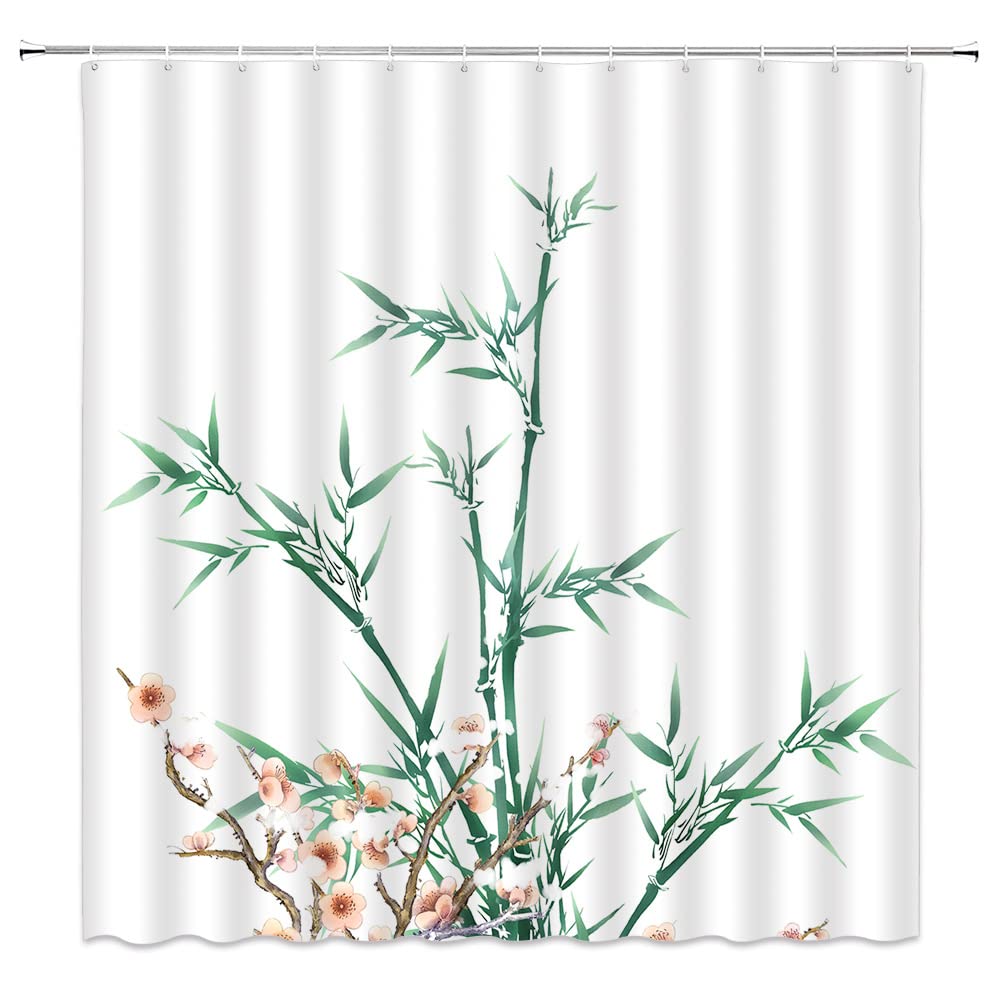 Landscape Shower Curtain Spring Season Pink Flower and Pavilion Scenery on Lake Chinese Style Bathroom Decor Hanging Curtain with Hooks