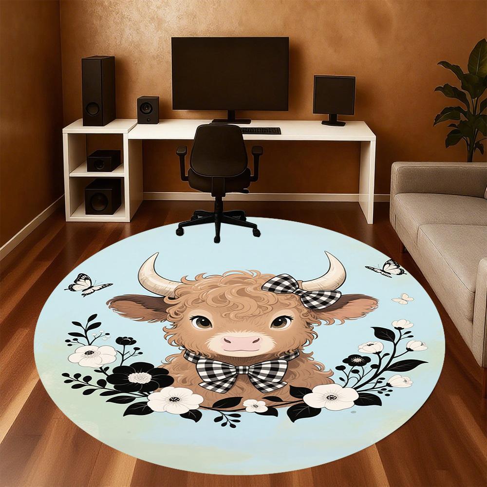 1PC Cow Bowtie Flowers Round Chair Mat Area Rug - Non-Slip, Floor Mat for Office, Bedroom, Home Decor Christmas Gift C0528087