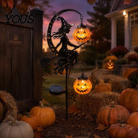 Metall-Rasenornamente für den Garten, Solarbetrieben, Halloween-Hexe, Kürbis, Erdspieß-Licht, Besen, Mond, Saisonale Außenatmosphärenlichter, Statue, Skulptur