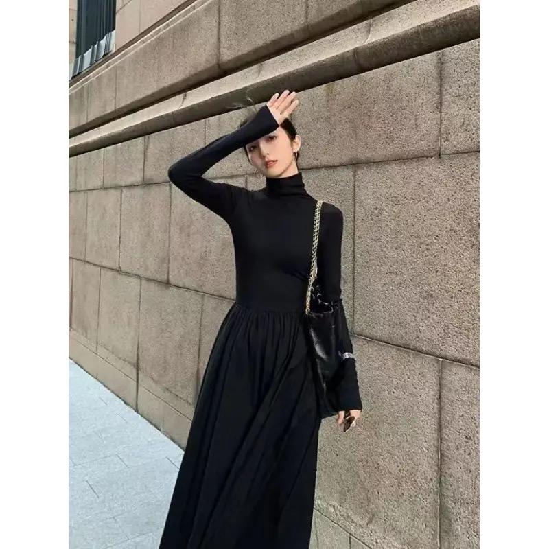 LYRIA New French Style Temperament Women's High-Grade Black Dress Hepburn Style Gray Turtleneck Dress for Women Autumn Winter