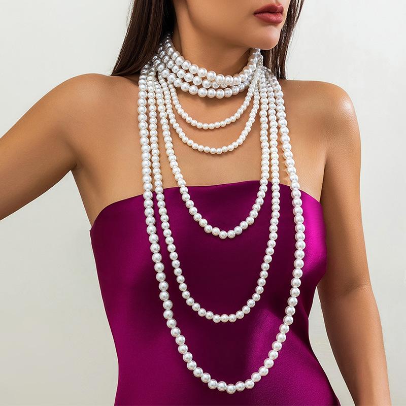 European and American Baroque Multi-layer Imitation Pearl Women's Necklace Temperament Size Beaded Long Retro Bridal Necklace Necklace Necklace